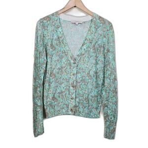 LOFT Floral Button Down Cardigan Green Gray Women Size M Lightweight Knit
